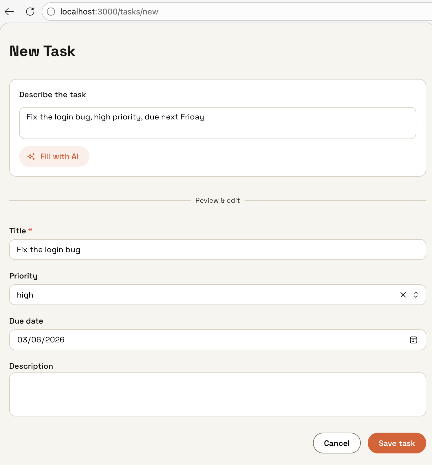 New task form showing the AI description panel above and the form fields populated with AI-suggested values ready to review