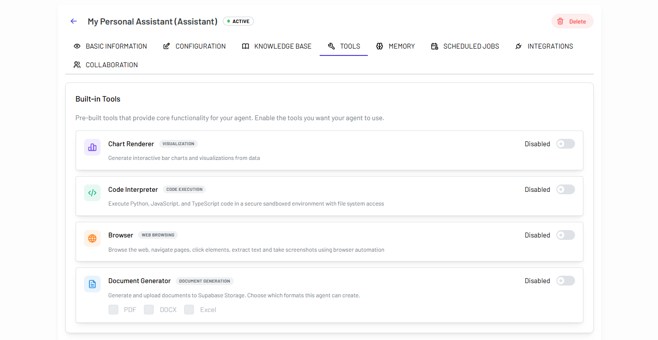 Built-in Tools section with toggle switches for Code Interpreter, Chart Renderer, and others