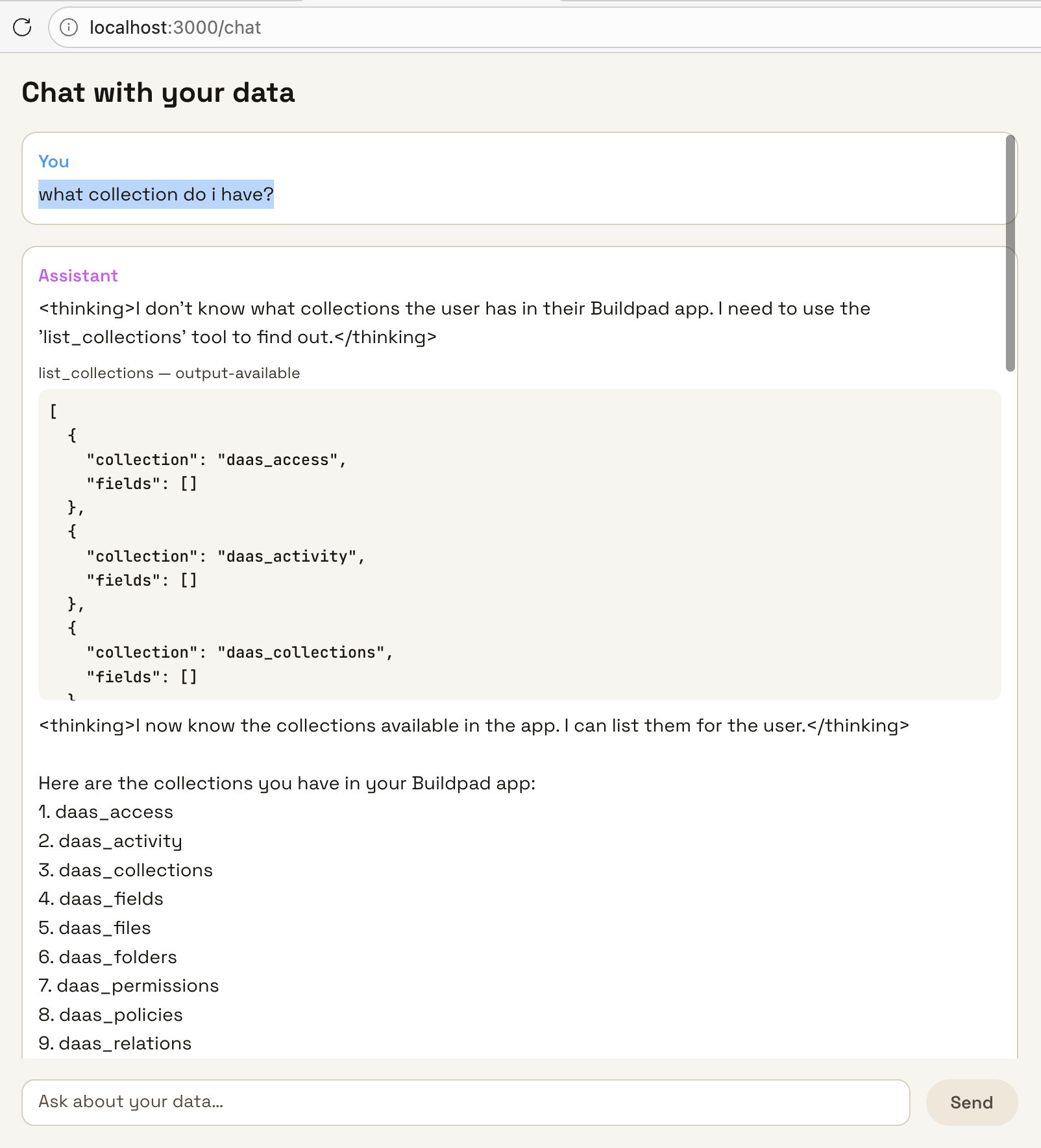 Chat page showing the query_collection tool panel with JSON output and an AI-written summary of the most recent rows