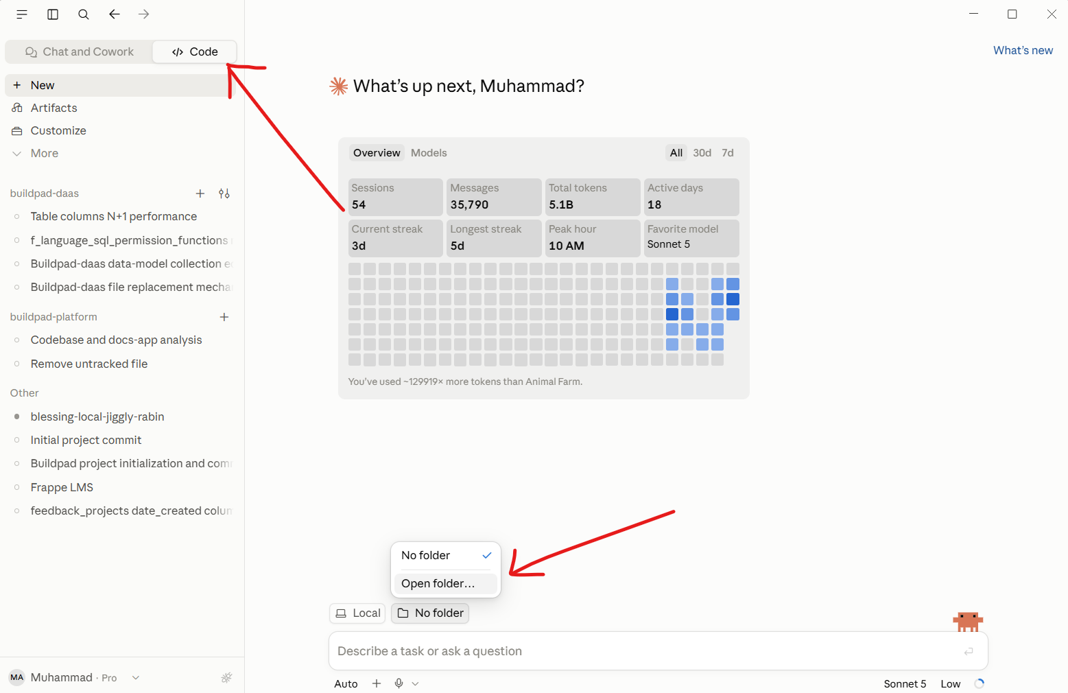Claude Code desktop app with the Code tab and Select folder button highlighted