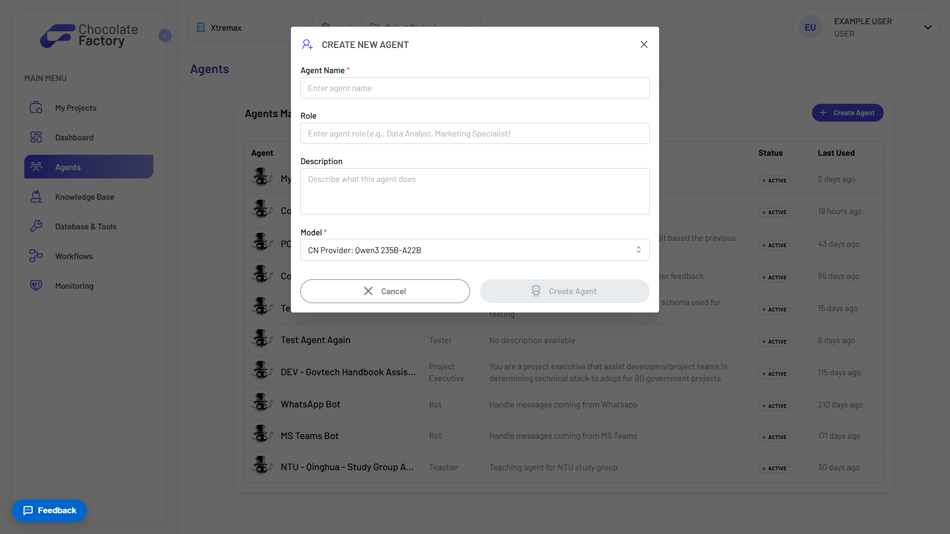 Create New Agent dialog with name, role, description, and model fields