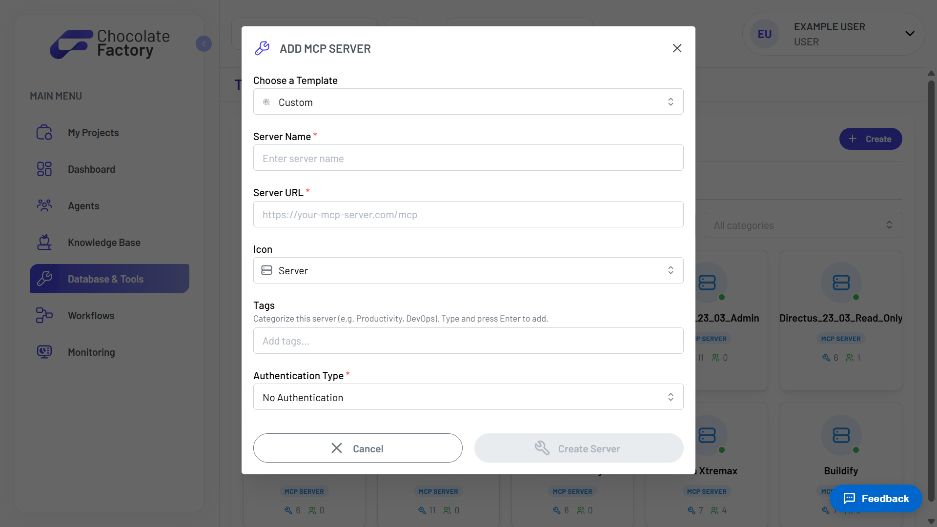 Create MCP Server dialog with server name, URL, and API key authentication fields