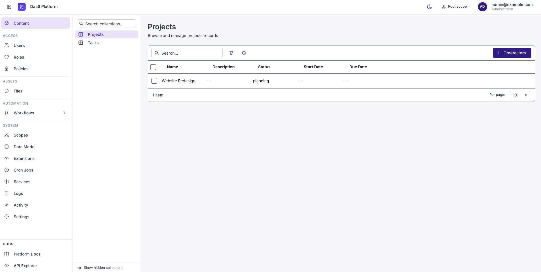 DaaS Studio showing the projects and tasks collections in the data model view