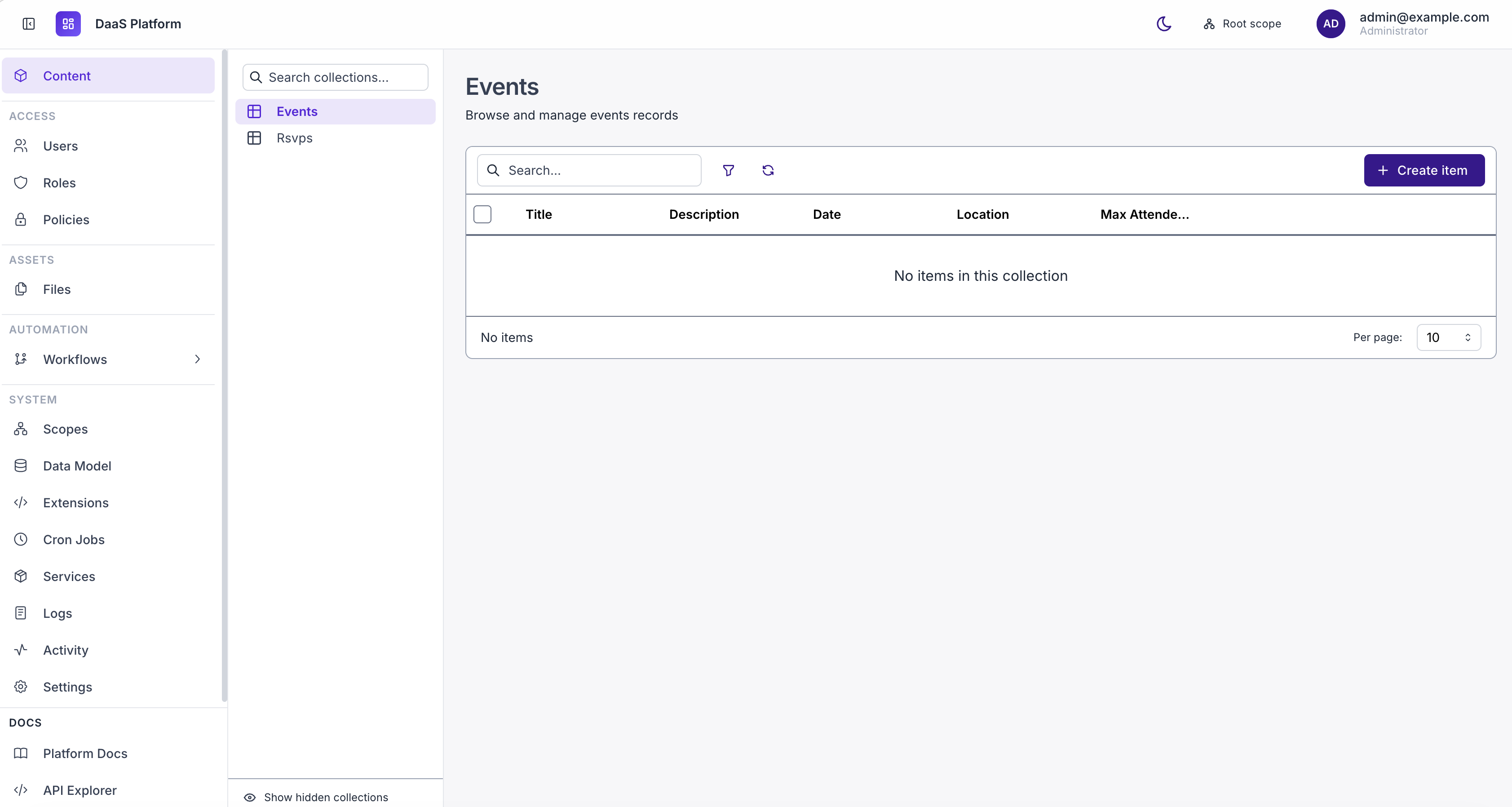 DaaS Studio showing the events and rsvps collections in the sidebar