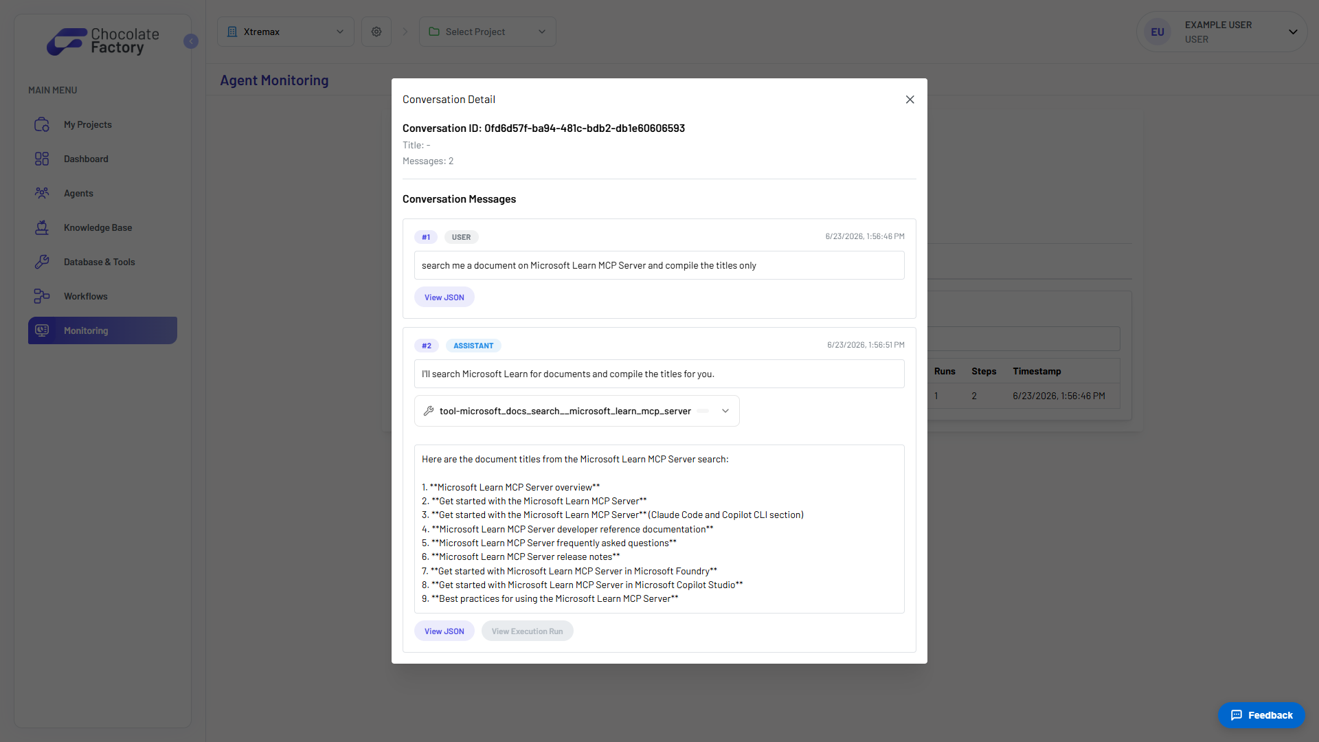 Execution Logs conversation detail showing message history and a tool call