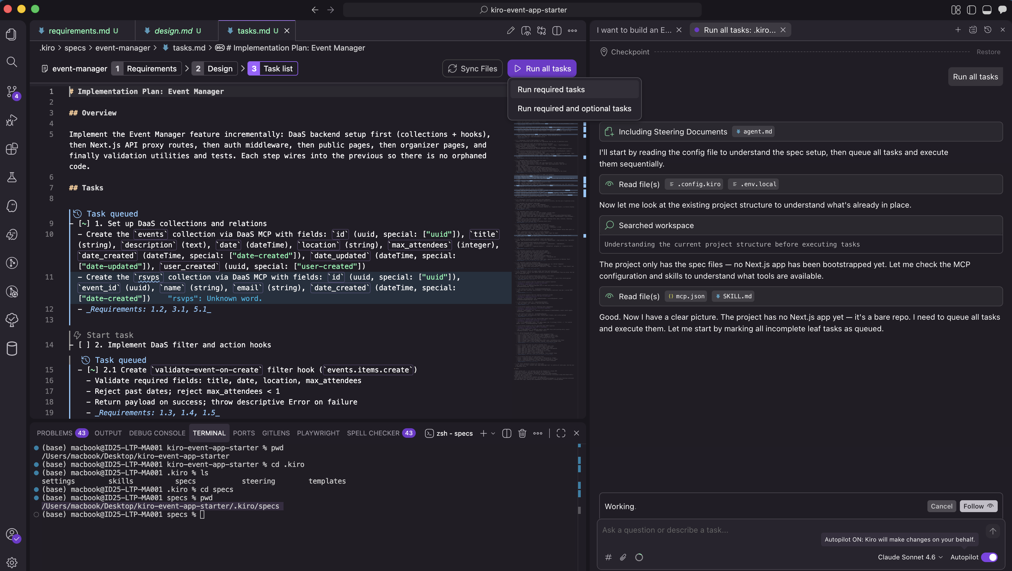 Kiro showing the Run task button above each task in tasks.md