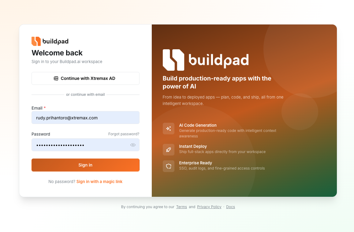 Buildpad.ai login page