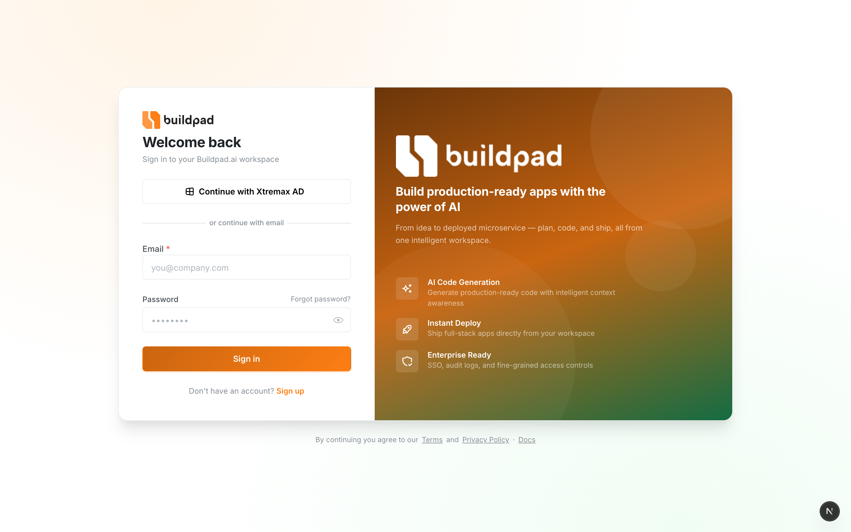 Buildpad.ai sign-up and login page