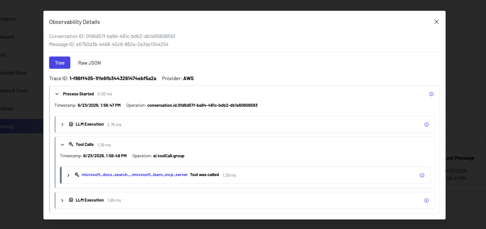 Trace viewer showing a span tree with LLM execution and tool call durations