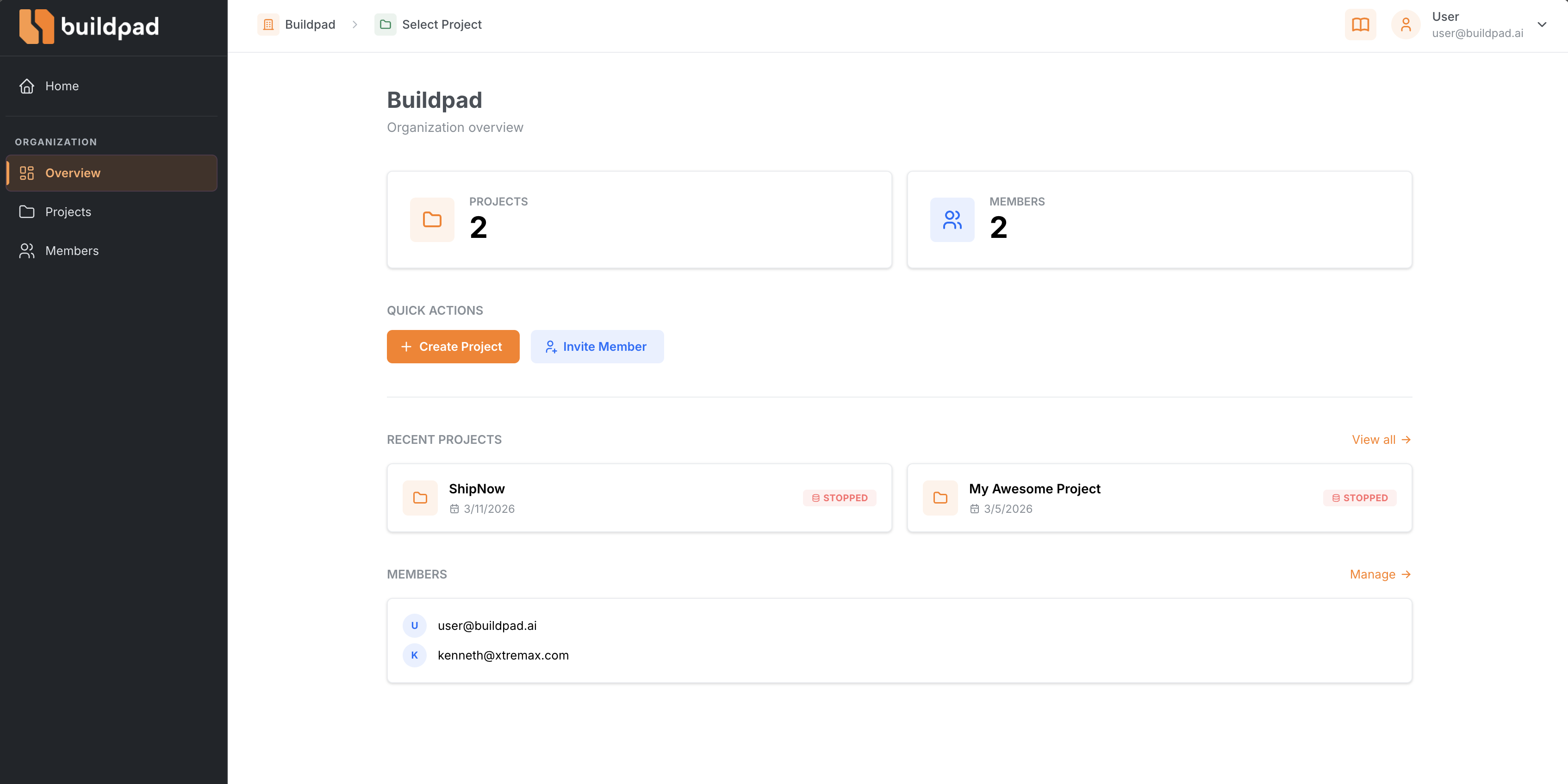Organizations dashboard