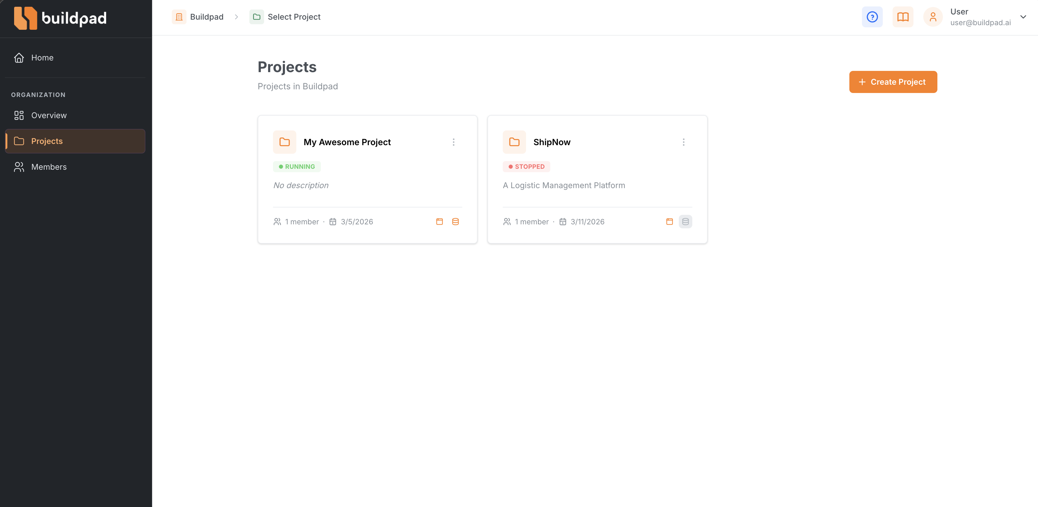 Projects listing page