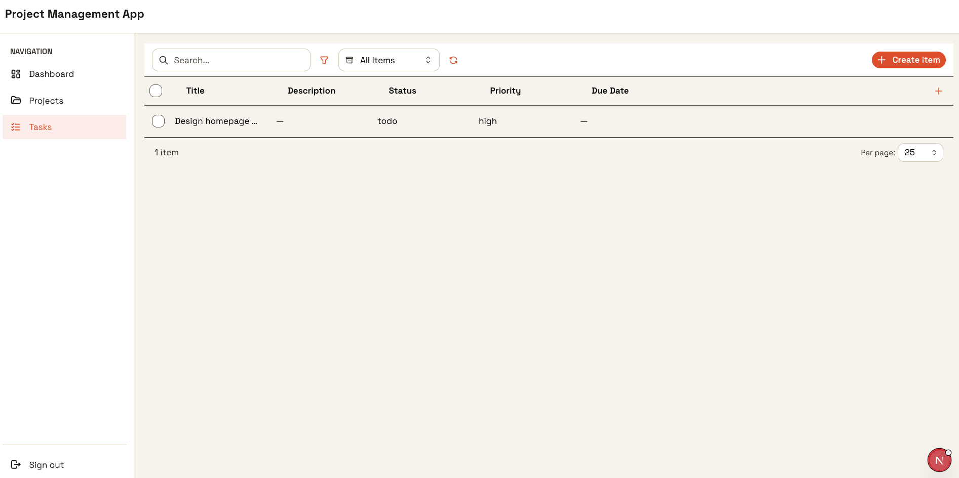 CollectionList showing tasks with status, priority, and due date columns