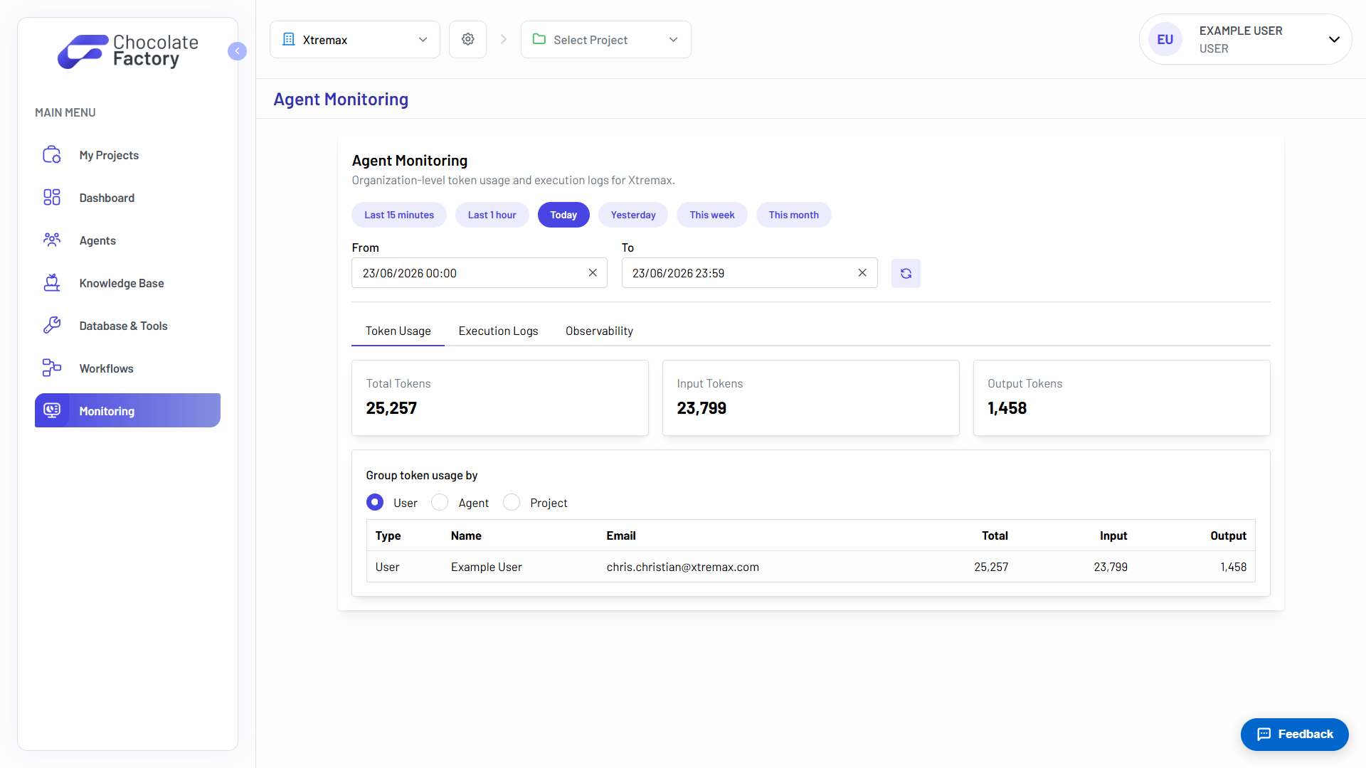 Monitoring page showing the Token Usage, Execution Logs, and Observability tabs