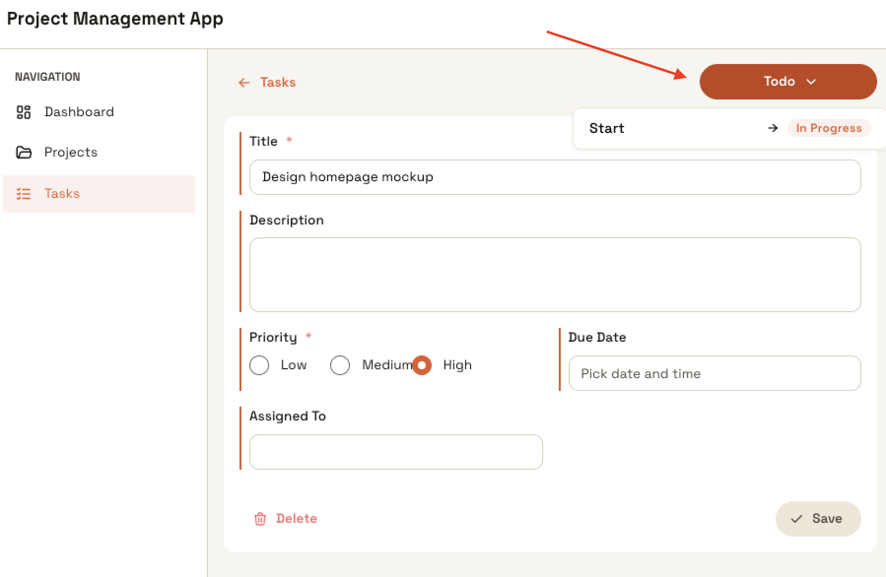 WorkflowButton showing available transitions for a task in the In Progress state